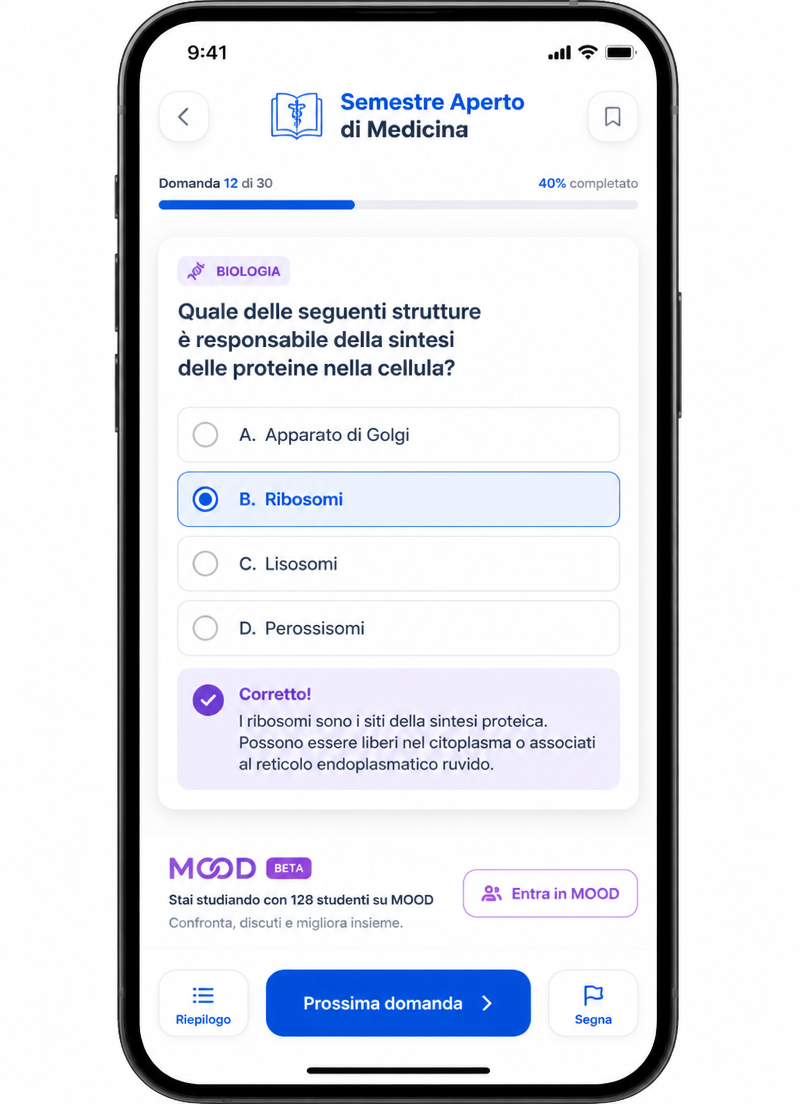 Schermata quiz Semestre Aperto di Medicina